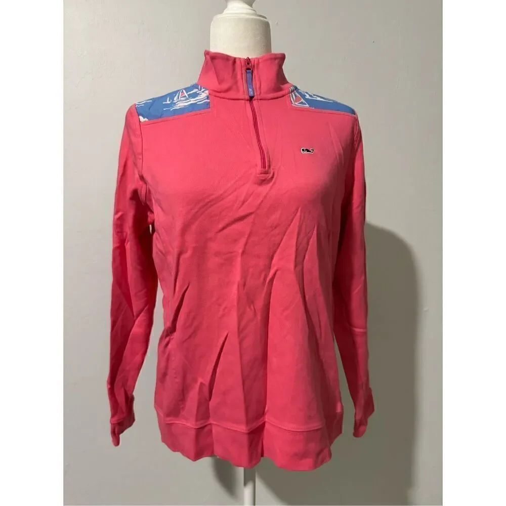 Vineyard Vines pink pullover sweater ocean sailboat print quarter zip S